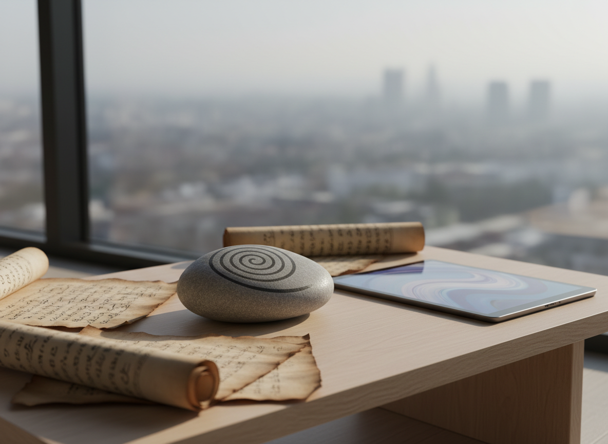 A smooth, river-worn stone resting at the center of a low wooden meditation table, its surface engraved with an abstract spiral symbolizing the mind’s journey. Around it lie open, well‑thumbed scrolls and a contemporary tablet displaying a soft, abstract pattern, bridging ancient wisdom and modern life. The scene is set near a large window overlooking a softly blurred cityscape. Diffused morning light washes across the table, creating gentle highlights on the stone and warm shadows in the scrolls’ folds. Photographic realism, shot at eye level with a shallow depth of field, calm and contemplative atmosphere, clean and professional composition that evokes mental clarity and thoughtful reflection.