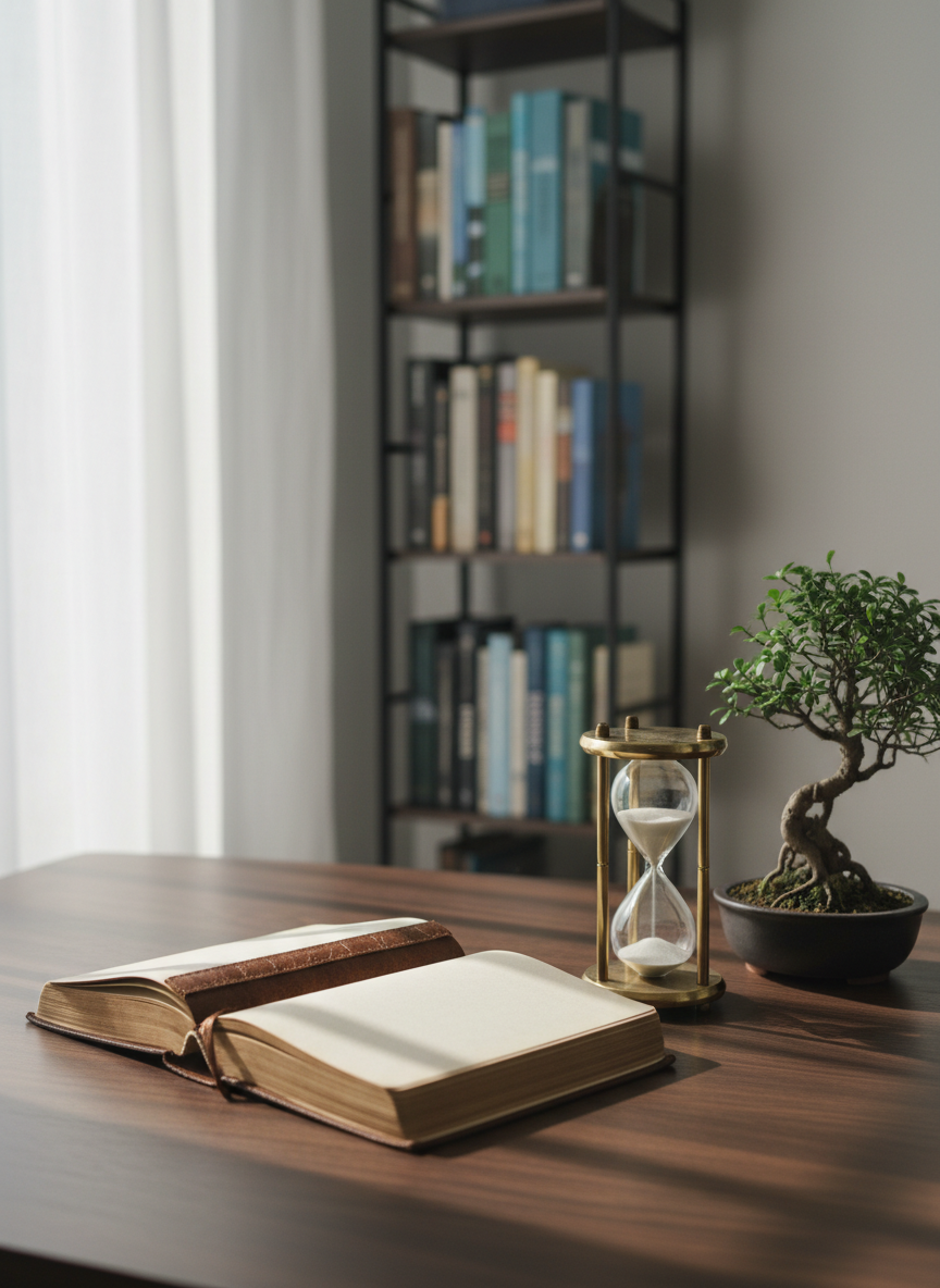 A neatly arranged writing desk featuring a sturdy leather‑bound journal opened to blank pages, a finely crafted brass hourglass slowly draining sand, and a small bonsai tree with carefully trained branches, representing patient growth in youth mental health. Outside the frame of the desk, a minimalist bookshelf holds indistinct, out‑of‑focus volumes of philosophy and psychology. Soft overcast daylight filters through sheer curtains, creating even, calming illumination and faint, elongated shadows. Photographic realism, shot from a slightly elevated angle using the rule of thirds, with the journal in sharp focus and the background gently blurred, projecting a mood of quiet introspection, professionalism, and hope.