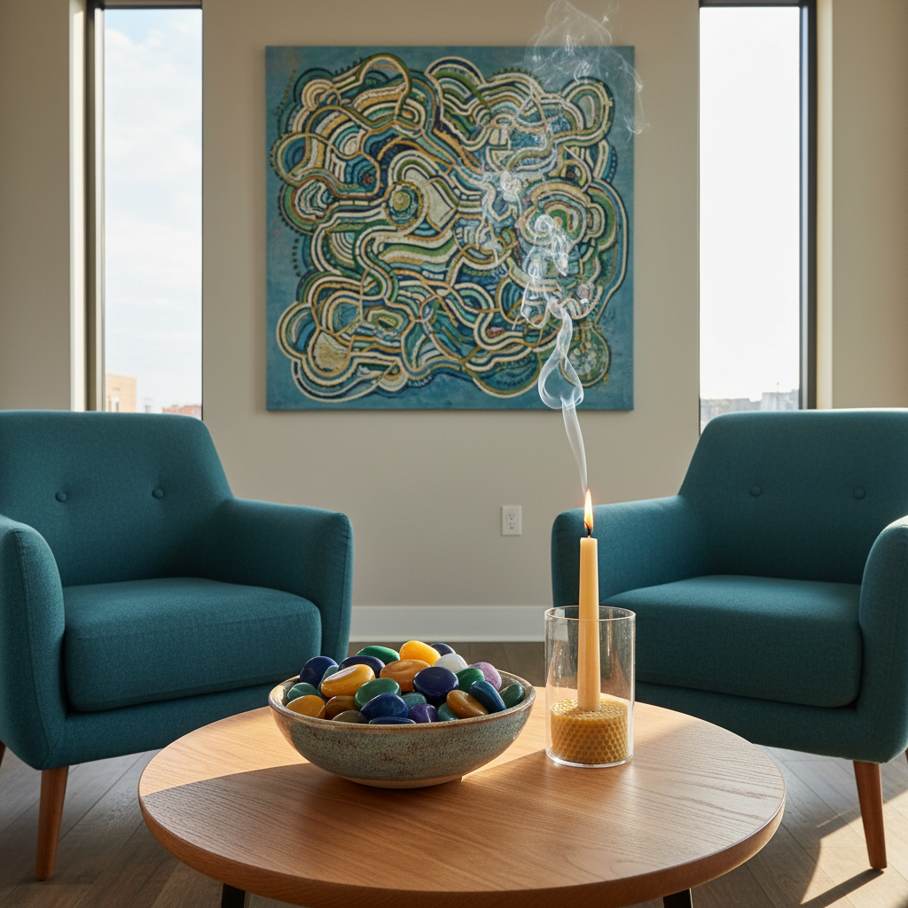 A modern therapy space without people: a deep teal armchair facing an empty matching chair across a low oak table, on which sits a ceramic bowl filled with smooth, colorful worry stones and a single lit beeswax candle in a safe glass holder. On the wall behind, an abstract artwork suggests a labyrinthine mind without using text or faces. Late afternoon golden light streams through tall windows, casting warm, elongated shadows and a gentle glow on the fabric textures. Photographic realism, eye‑level composition with balanced framing, evoking trust, safety, and authenticity in a youth‑focused mental health setting.